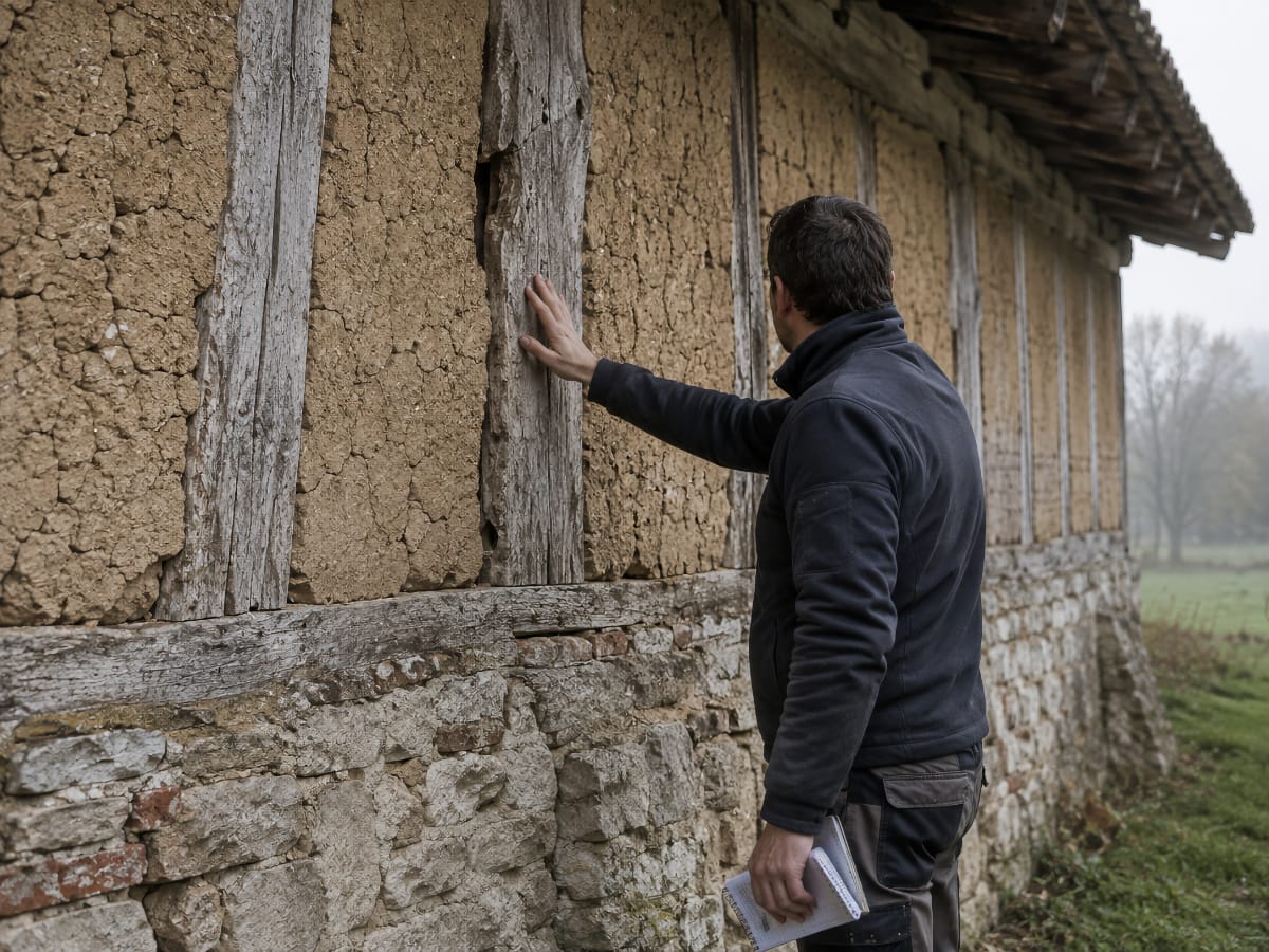 Façadier observant une jonction pan de bois et torchis avant travaux à Montrevel-en-Bresse