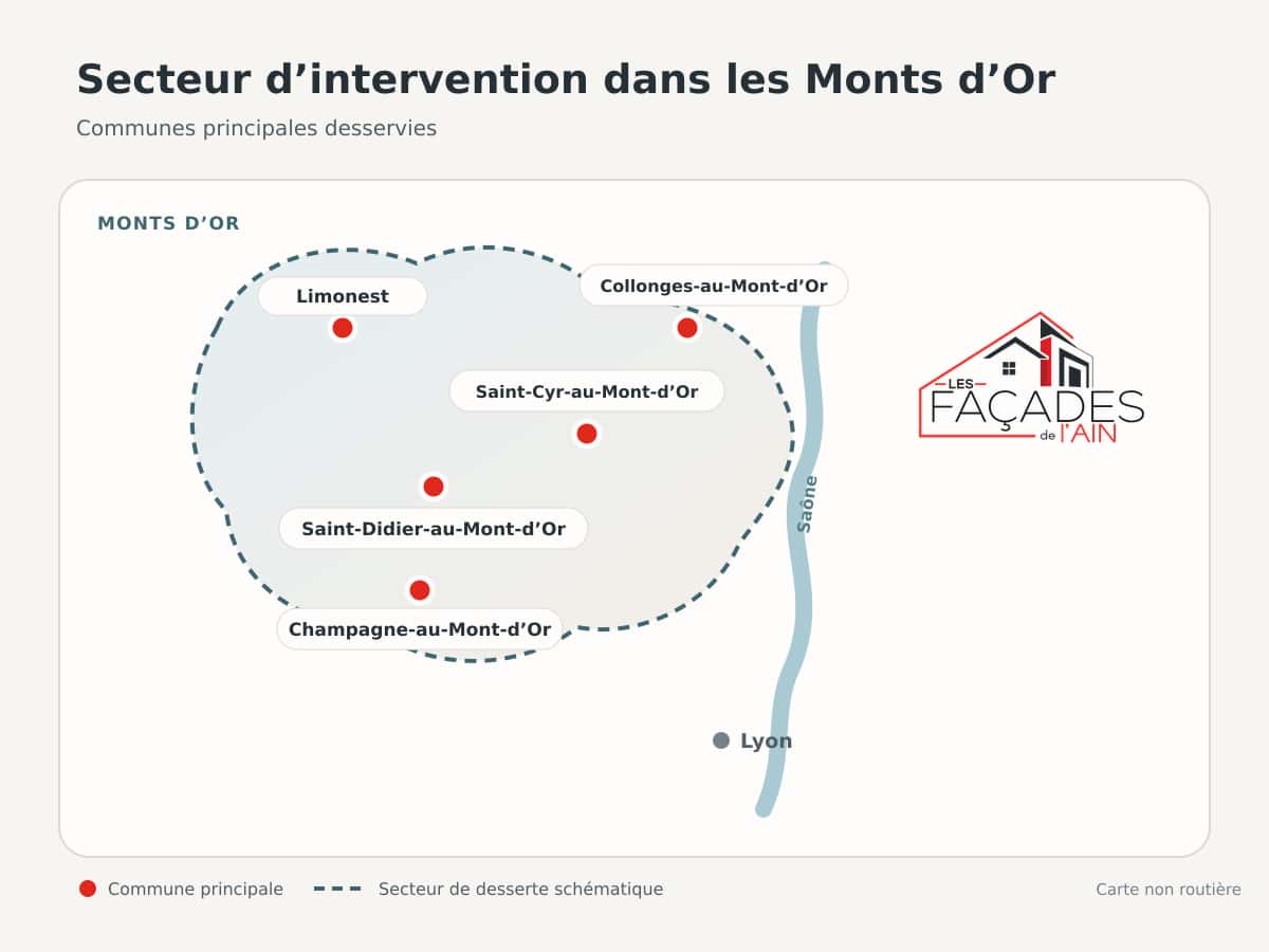 Carte du secteur d’intervention dans les Monts d’Or autour de Limonest, Saint-Cyr, Saint-Didier, Champagne et Collonges