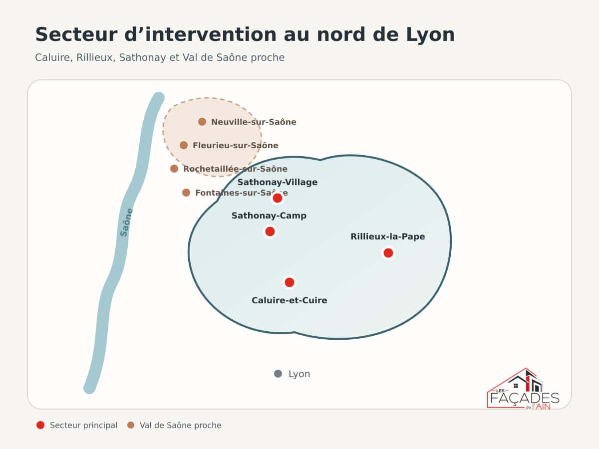 Carte du secteur d’intervention autour de Caluire, Rillieux, Sathonay et du Val de Saône proche