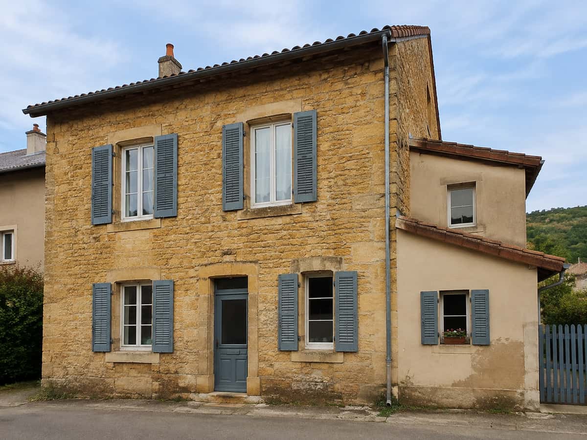 Maison ancienne en pierre dorée avec une extension enduite dans le Beaujolais