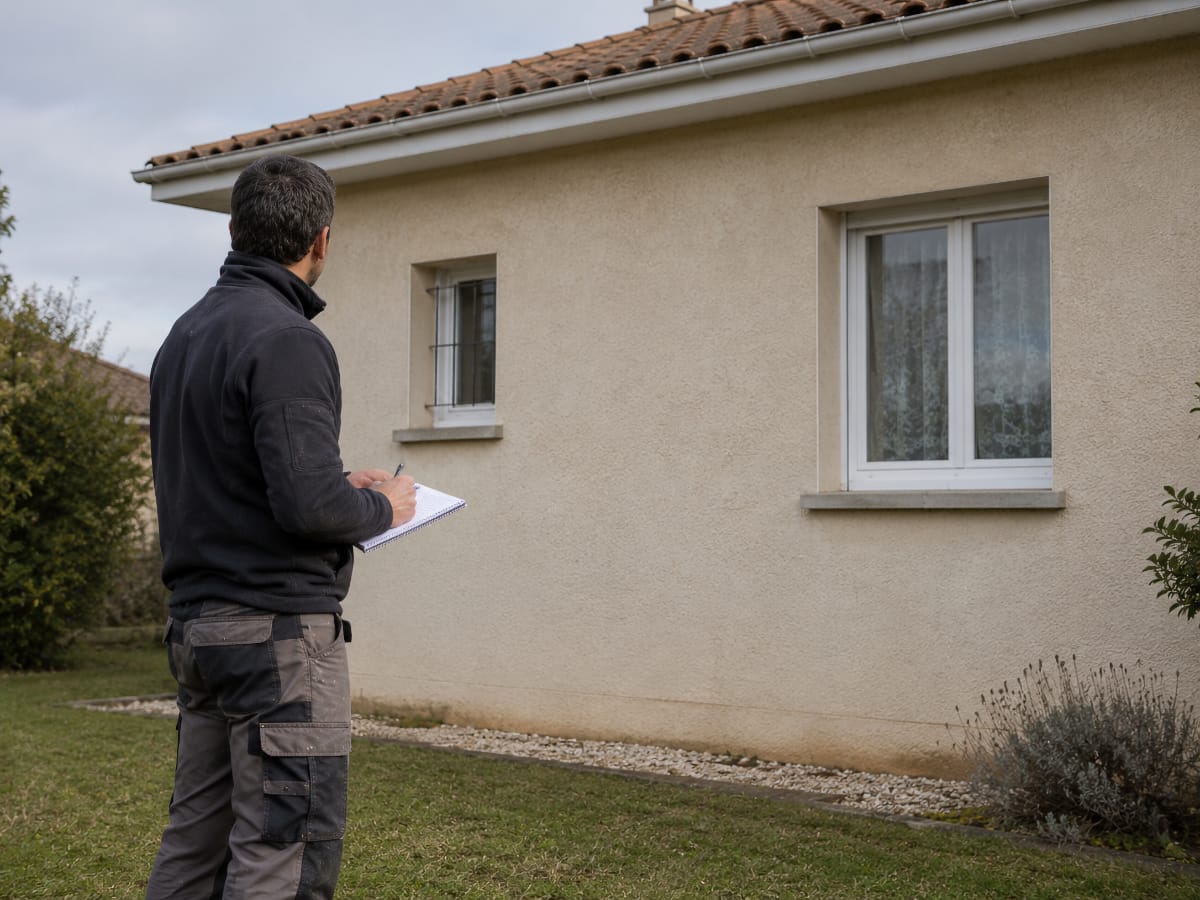 Façadier observant une façade avant travaux dans la Plaine de l'Ain
