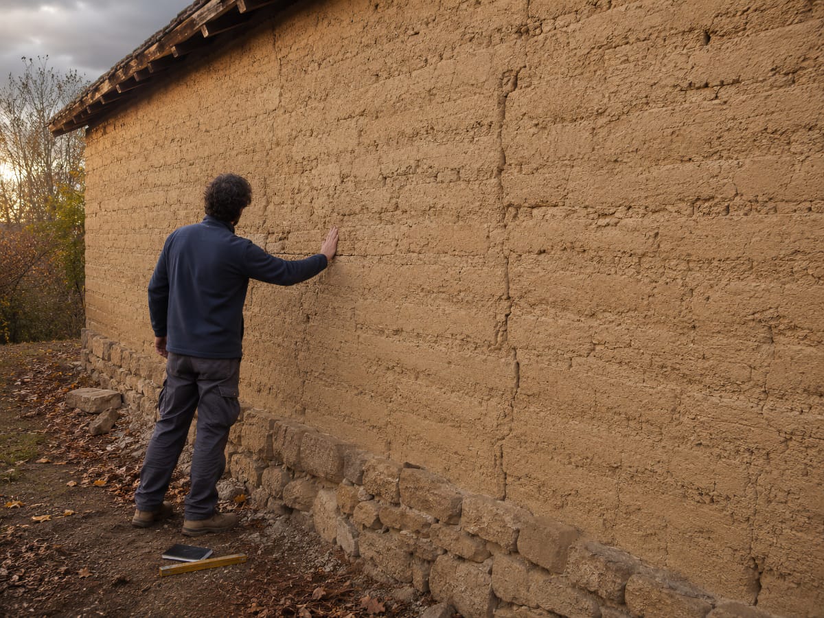 Façadier observant un mur en pisé et son soubassement avant travaux à Trévoux
