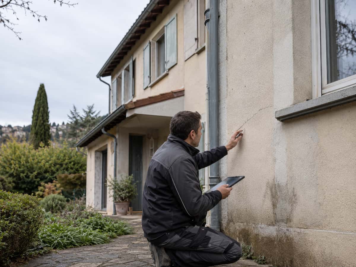 Façadier observant le support, les fissures, les soubassements et les points exposés à l’eau avant travaux