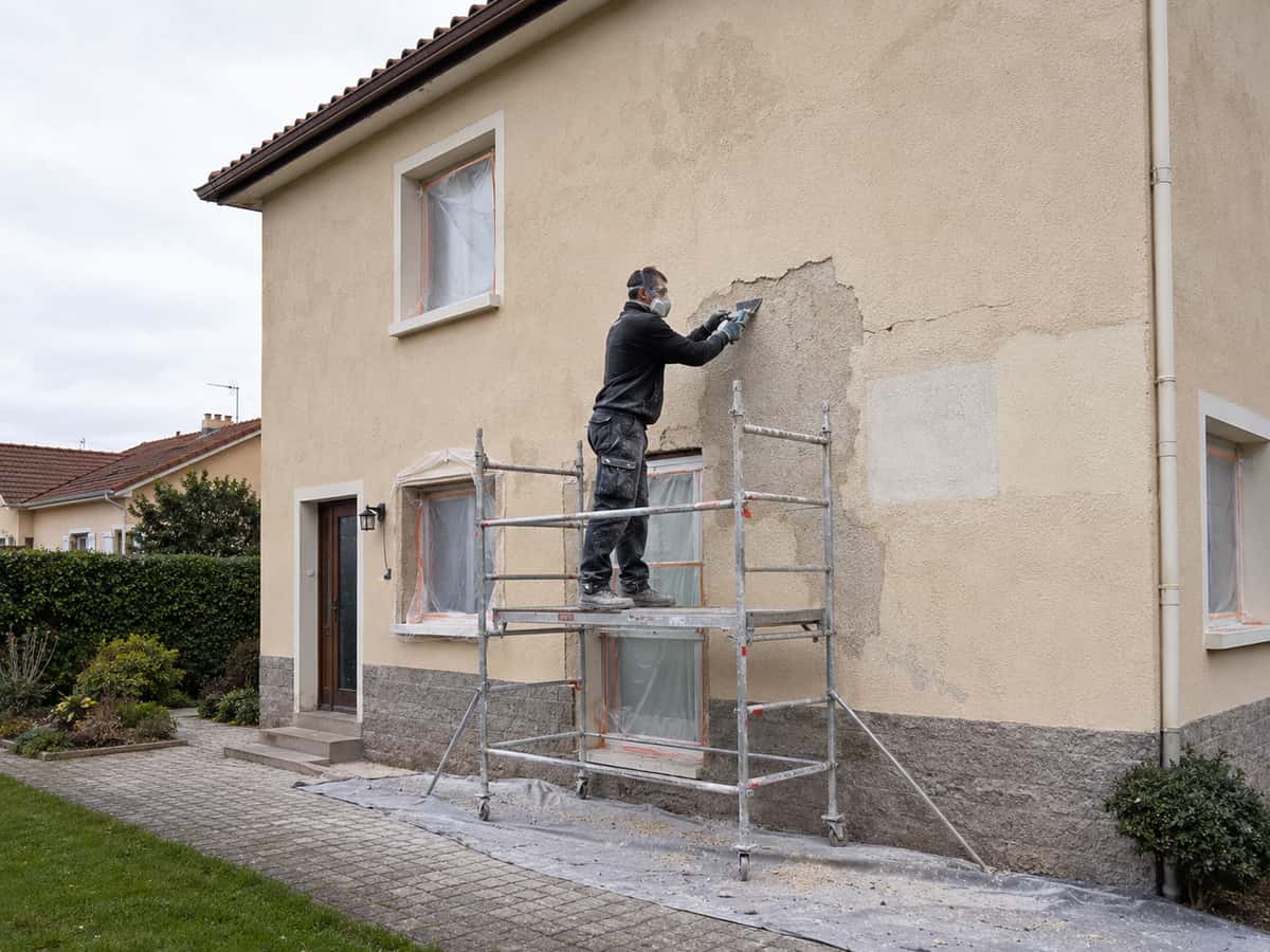 Façadier préparant une façade enduite avant ravalement près de Villefranche-sur-Saône