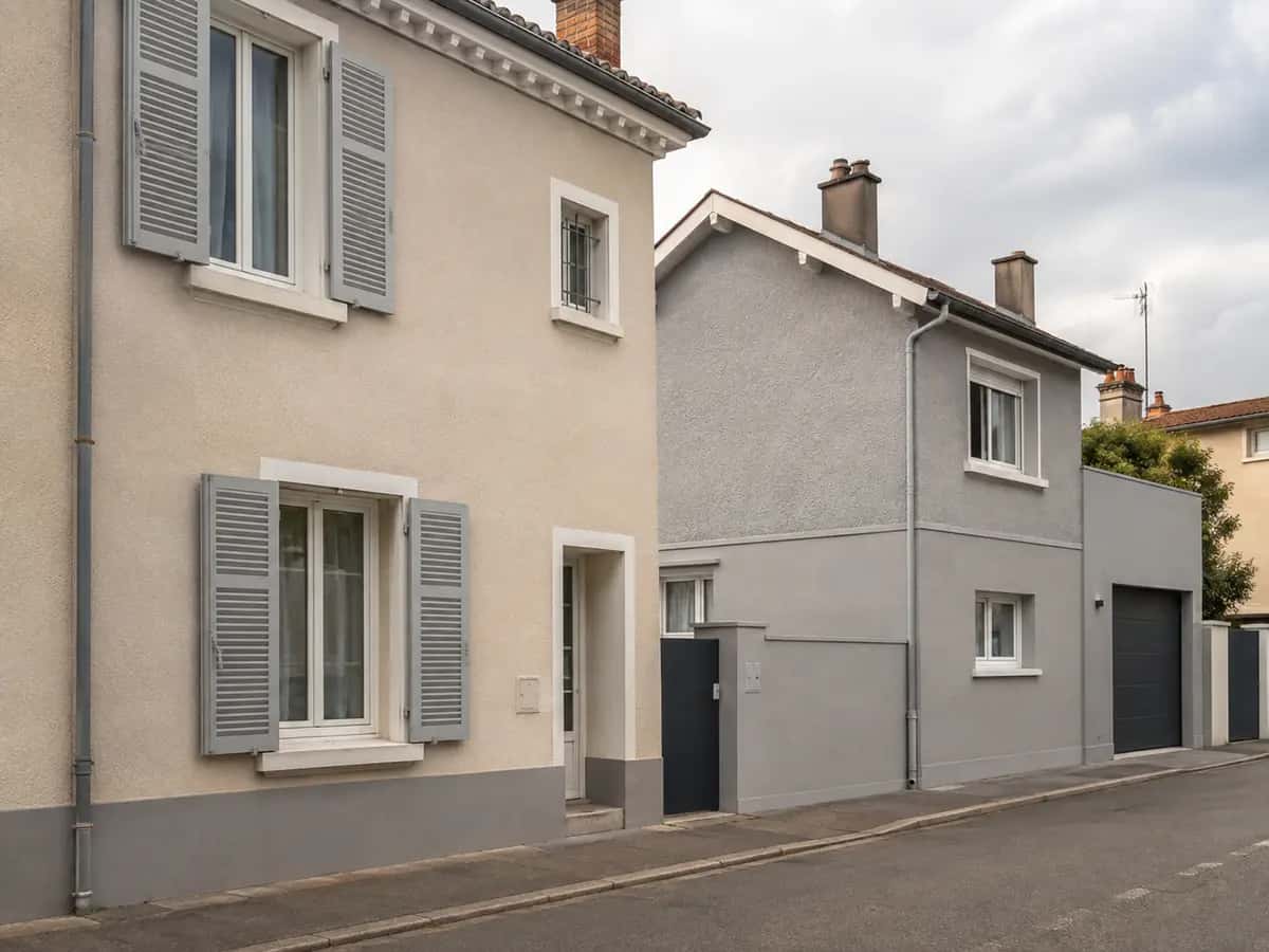 Façades enduites et peintes d’une maison de ville et d’un pavillon rénovés au nord de Lyon