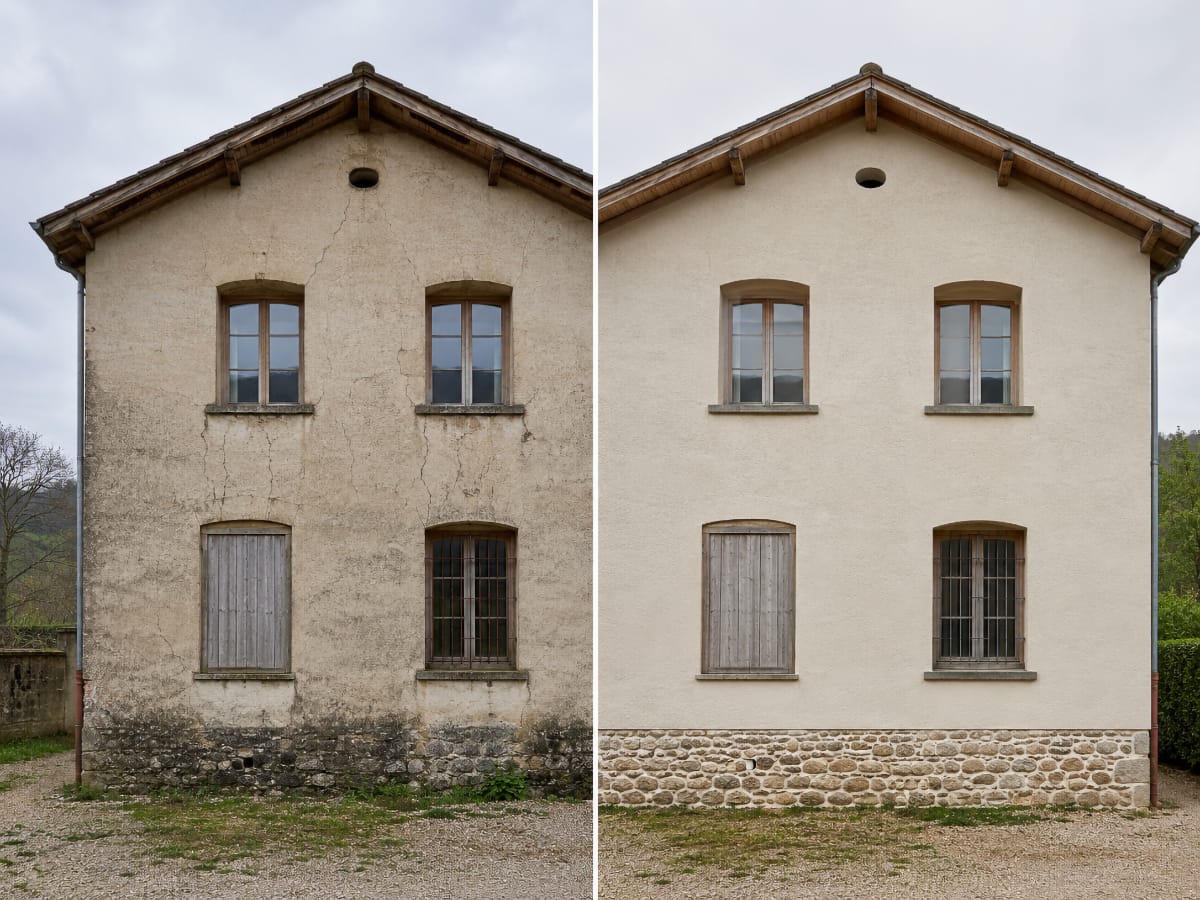 Avant et après d'une rénovation de façade sur un bâti ancien, réalisée par Les Façades de l'Ain