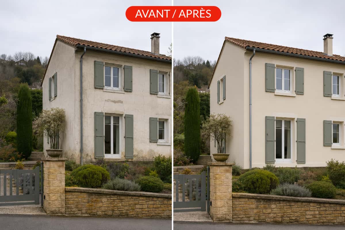 Avant et après d’un chantier de ravalement documenté par Les Façades de l’Ain