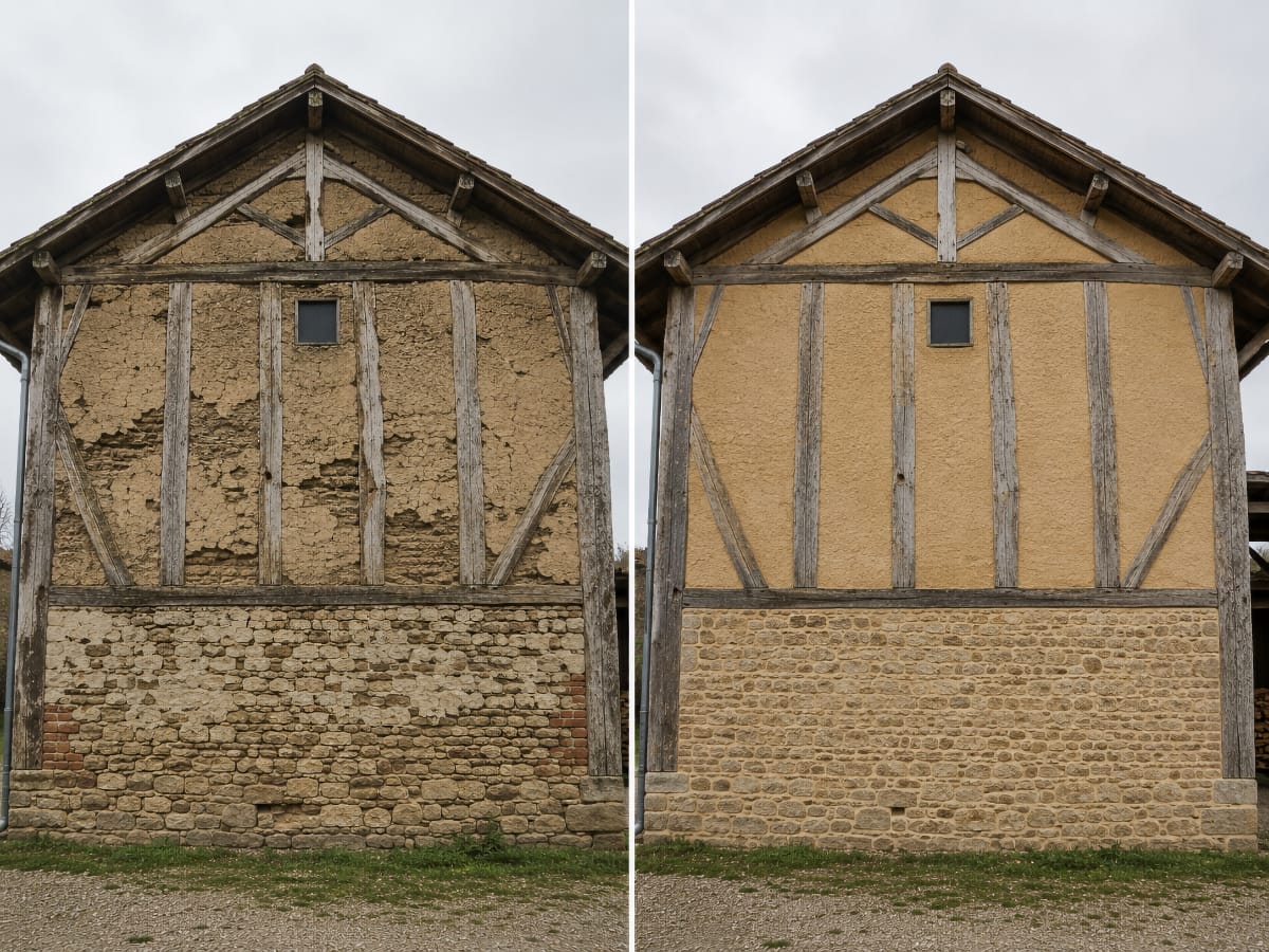 Avant et après d'une rénovation de façade sur un bâti bressan à pans de bois, réalisée par Les Façades de l'Ain