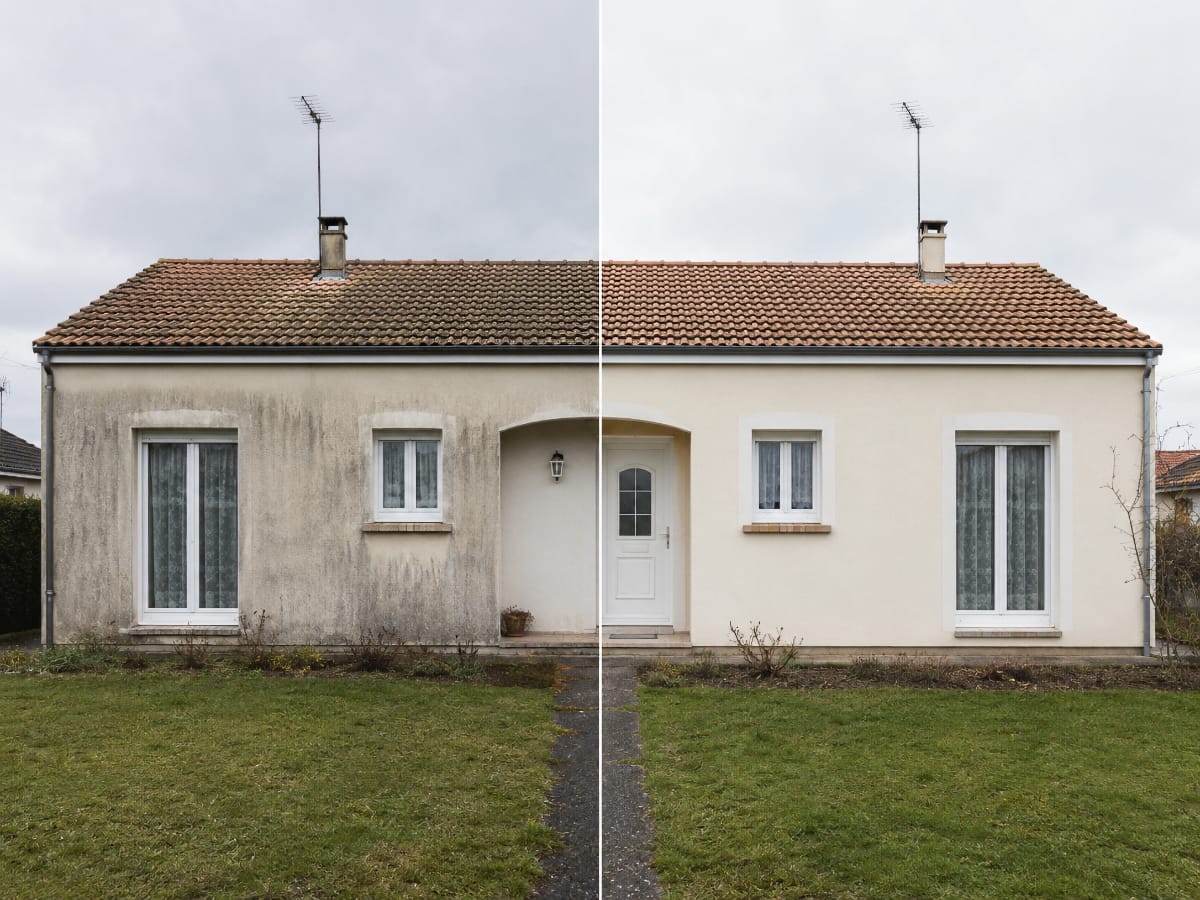 Avant et après d'une rénovation de façade sur un pavillon, réalisée par Les Façades de l'Ain