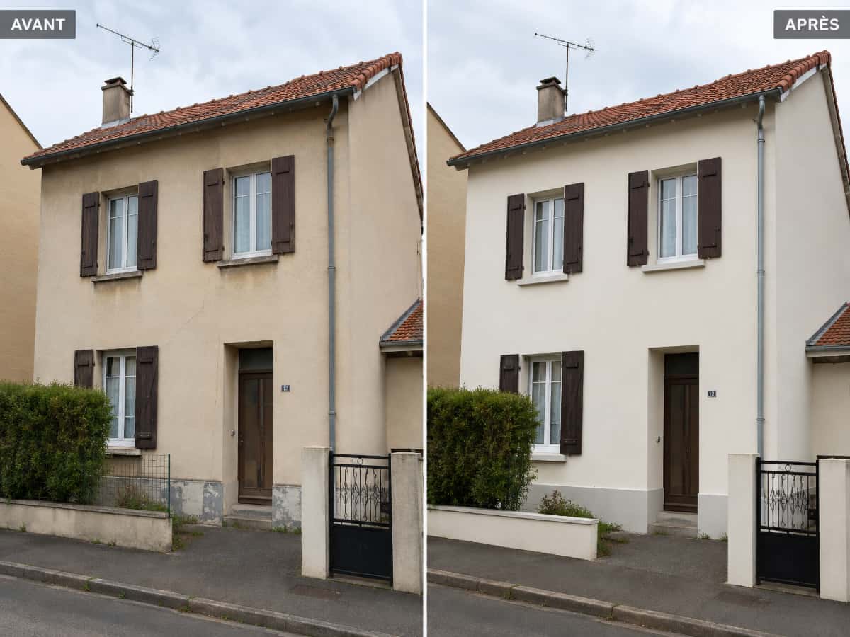 Illustration avant et après le ravalement d’une façade de maison au nord de Lyon